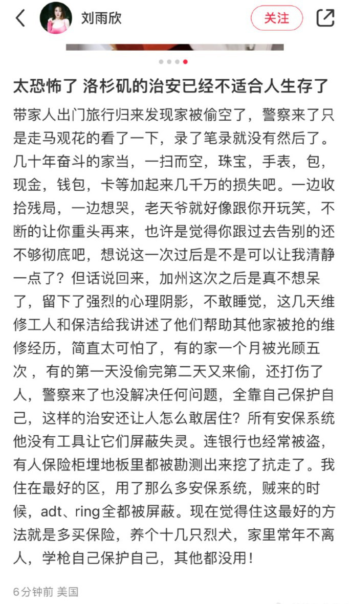 女星刘雨欣透露美国家中被盗，损失多达数千万【深度改写】